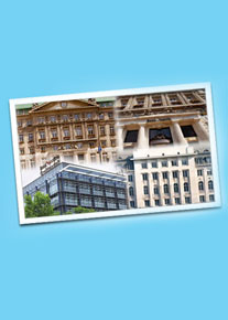 Coverbild des Films "Bankengeschichte" - zeigt eine Postkarte mit 4 Bankgebäuden auf einem blauen Hintergrund